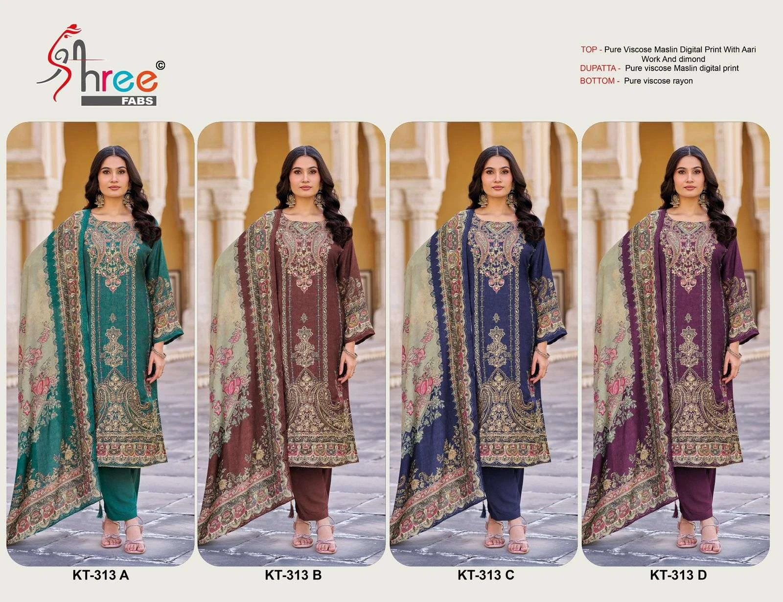 Shree Fab Design No - Kt - 313 Pure Viscose Muslin Digital Print Aari Handwork Pakistani Salwar Suit