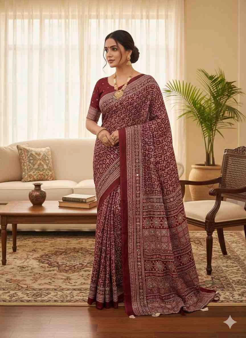 Kc 2082 Soft Crepe Silk Ajrakh Printed Saree Collection