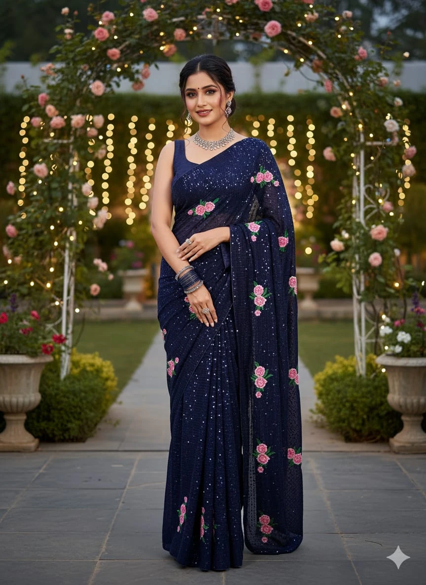 Kc 57 Georgette Multi Thread Sequence Worked Beautiful Saree Collection - Image 2