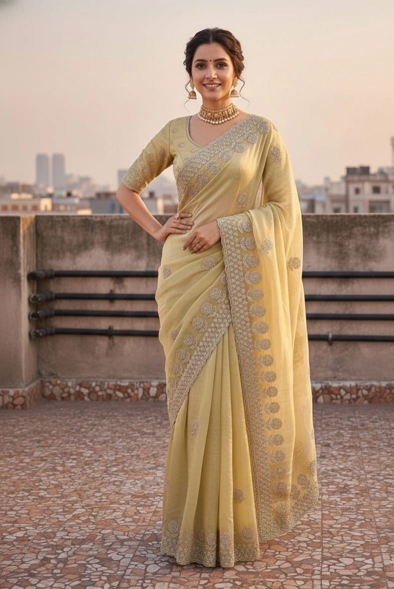 Vt 823 T Premium Fandy Satin Embroidery Saree Collection - Image 3
