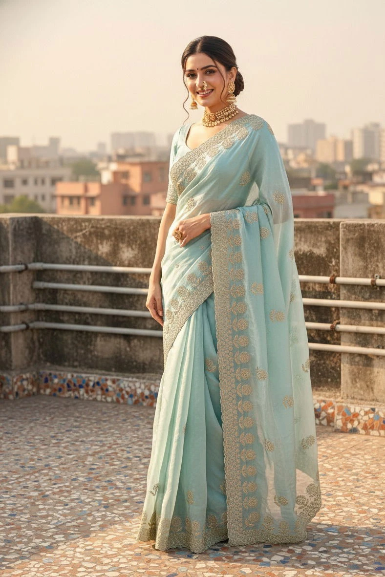 Vt 823 T Premium Fandy Satin Embroidery Saree Collection - Image 4