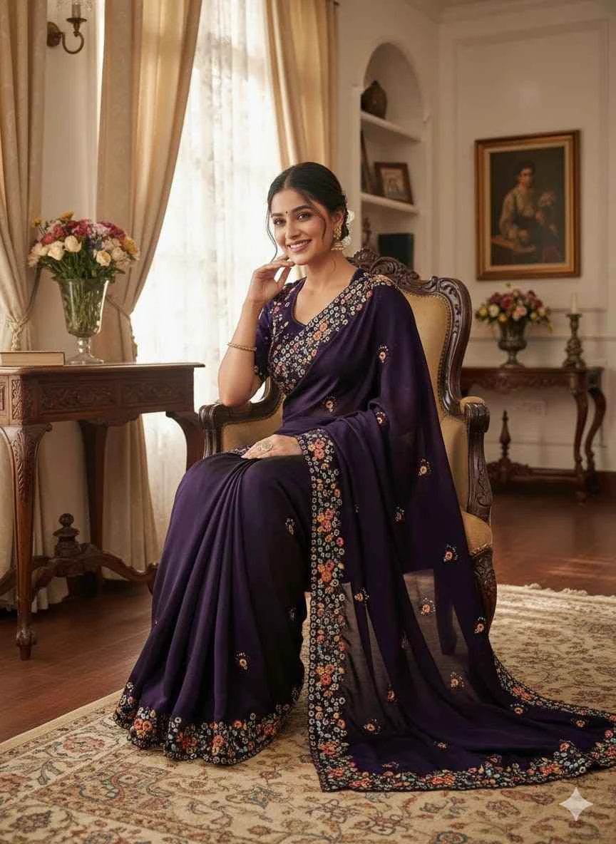 Kc 900 Satin Chiffon Sequence Blooming Saree