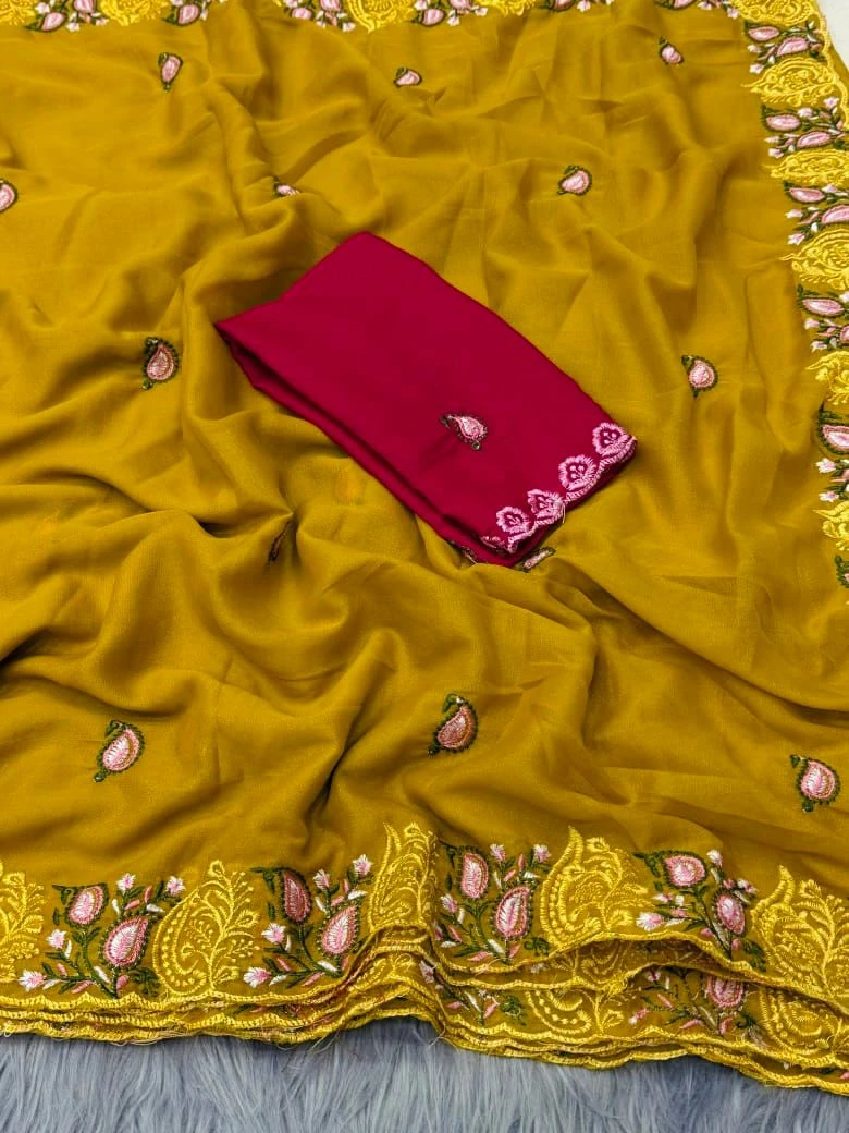 Ah New Rosewood Georgette Embriodery Worked Party Wear Saree Collection - Image 2