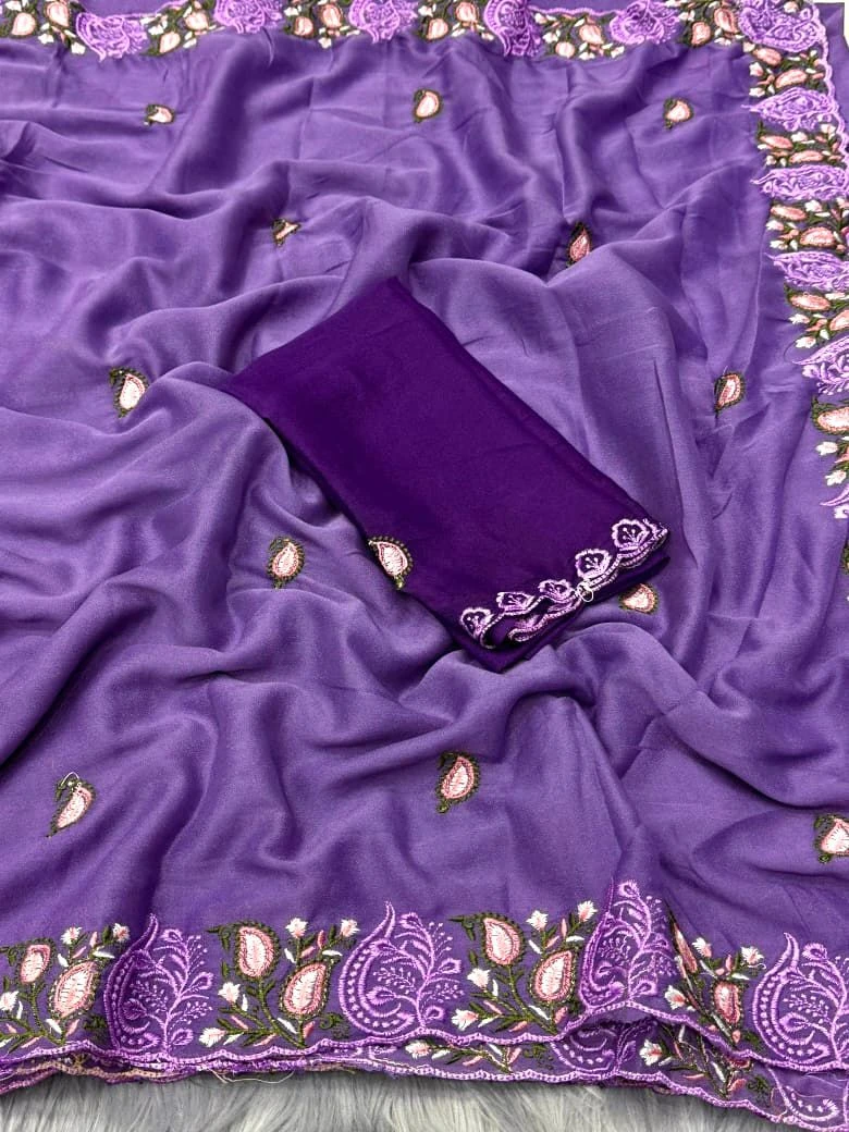 Ah New Rosewood Georgette Embriodery Worked Party Wear Saree Collection - Image 3