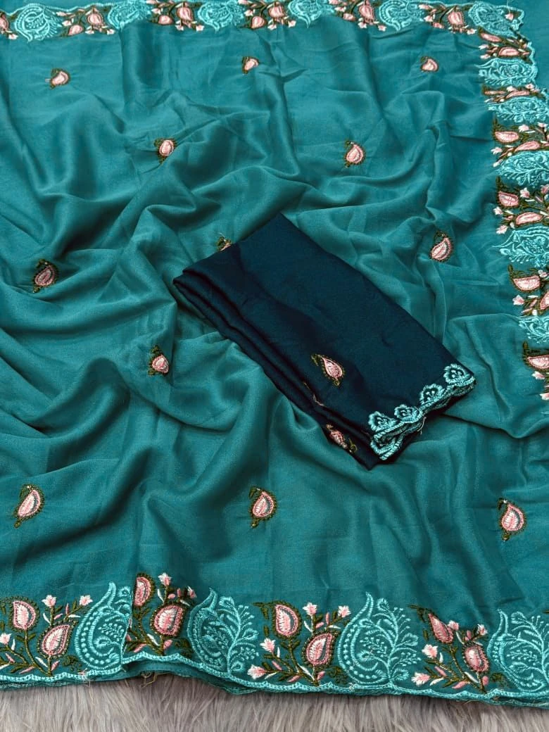 Ah New Rosewood Georgette Embriodery Worked Party Wear Saree Collection - Image 5