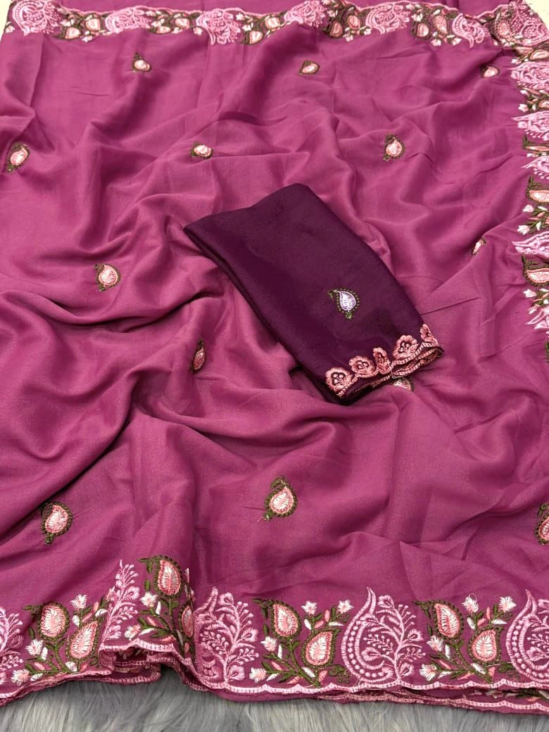 Ah New Rosewood Georgette Embriodery Worked Party Wear Saree Collection - Image 7