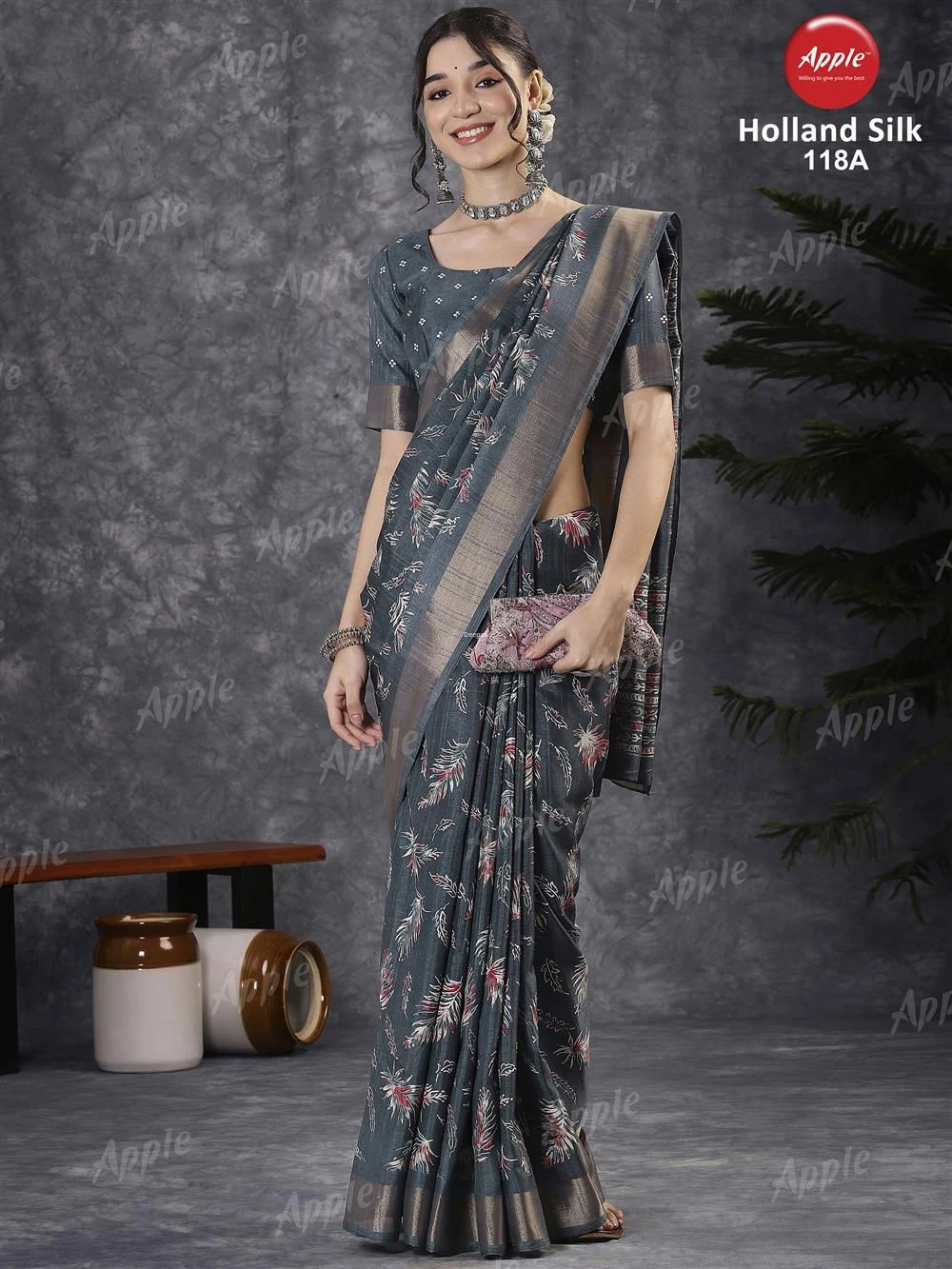 Apple Holland Silk 118 Silk Blend Charcoal Grey Printed Designer Saree Collection - Image 2