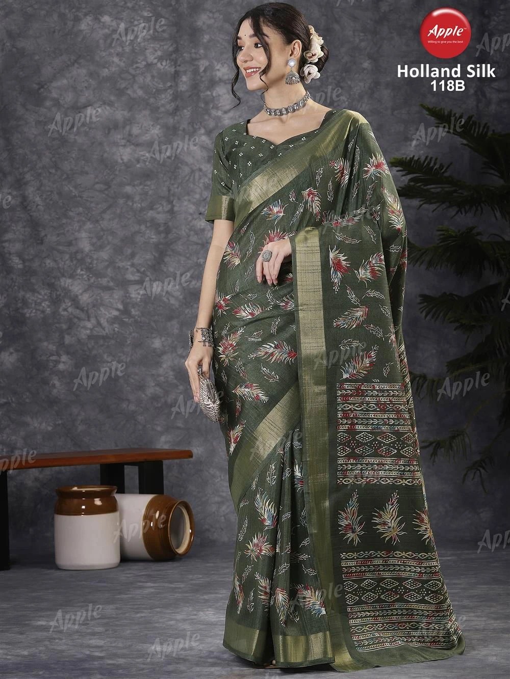Apple Holland Silk 118 Silk Blend Charcoal Grey Printed Designer Saree Collection - Image 3