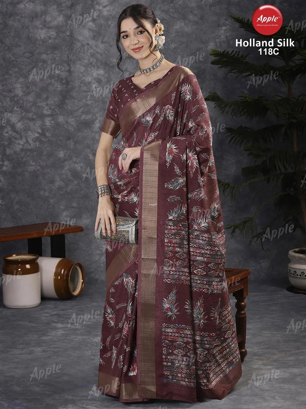 Apple Holland Silk 118 Silk Blend Charcoal Grey Printed Designer Saree Collection - Image 4