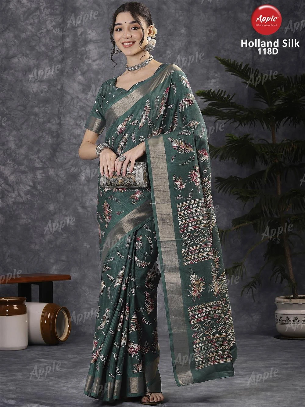 Apple Holland Silk 118 Silk Blend Charcoal Grey Printed Designer Saree Collection - Image 5