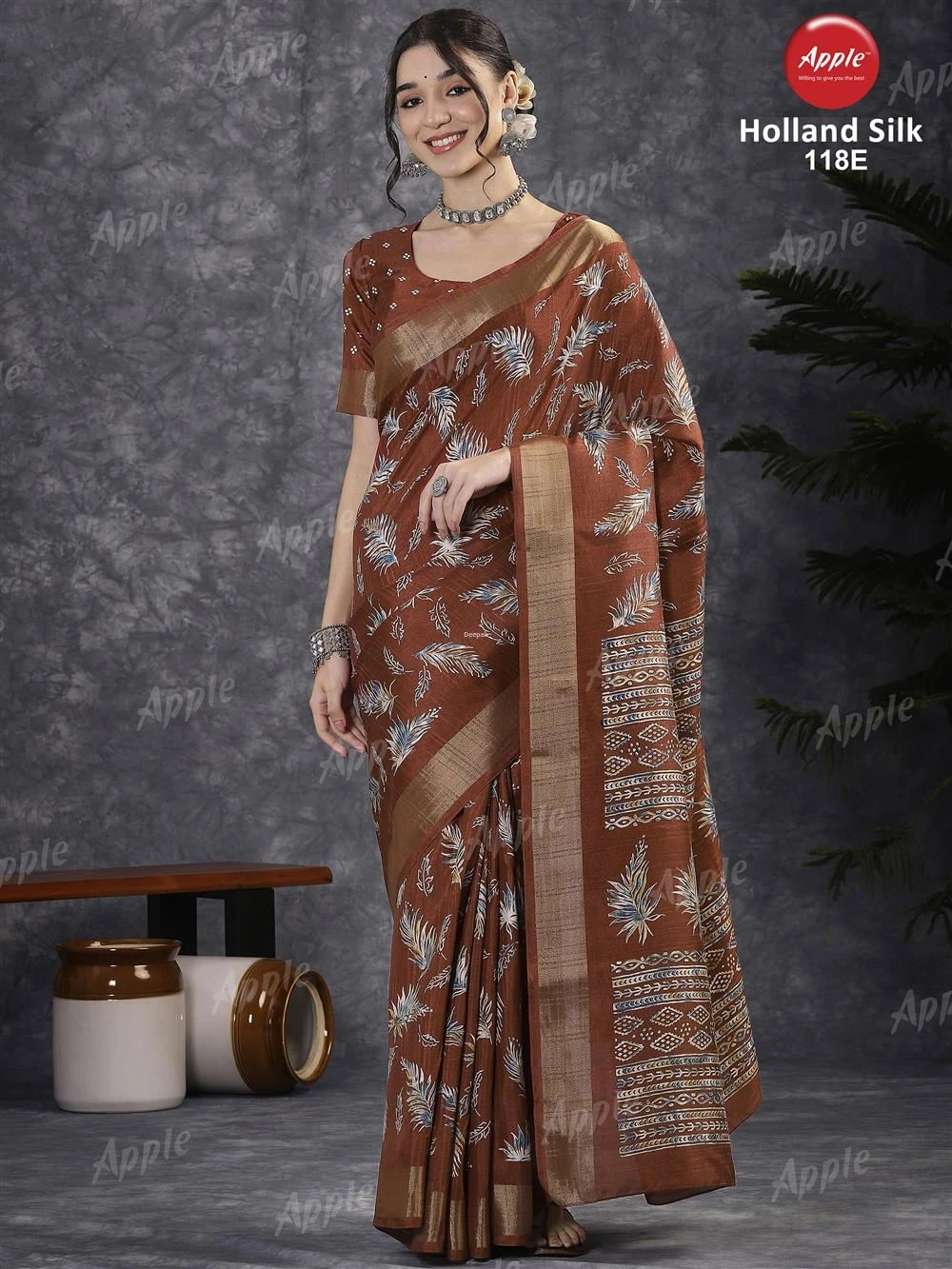 Apple Holland Silk 118 Silk Blend Charcoal Grey Printed Designer Saree Collection - Image 6
