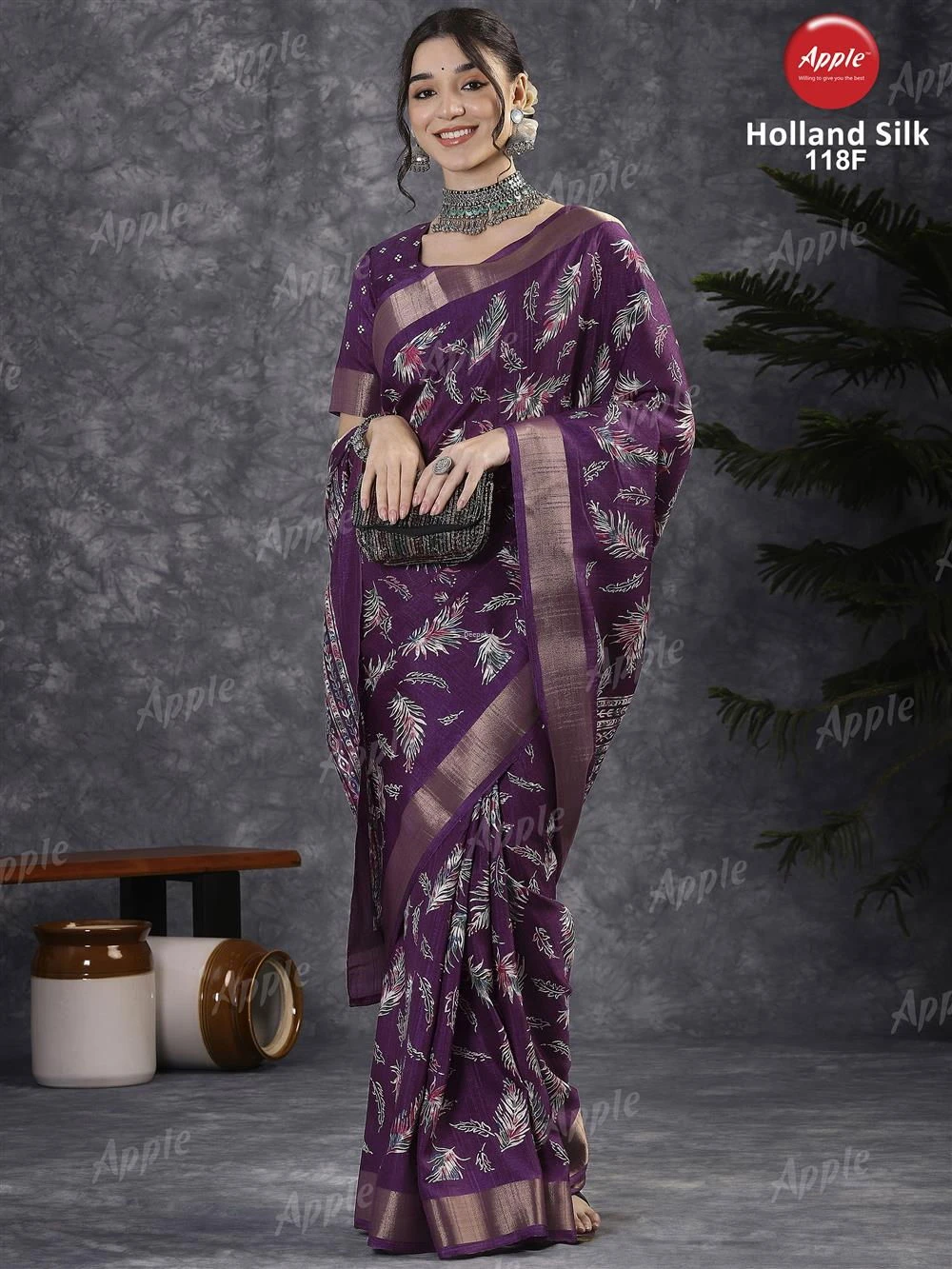 Apple Holland Silk 118 Silk Blend Charcoal Grey Printed Designer Saree Collection - Image 7
