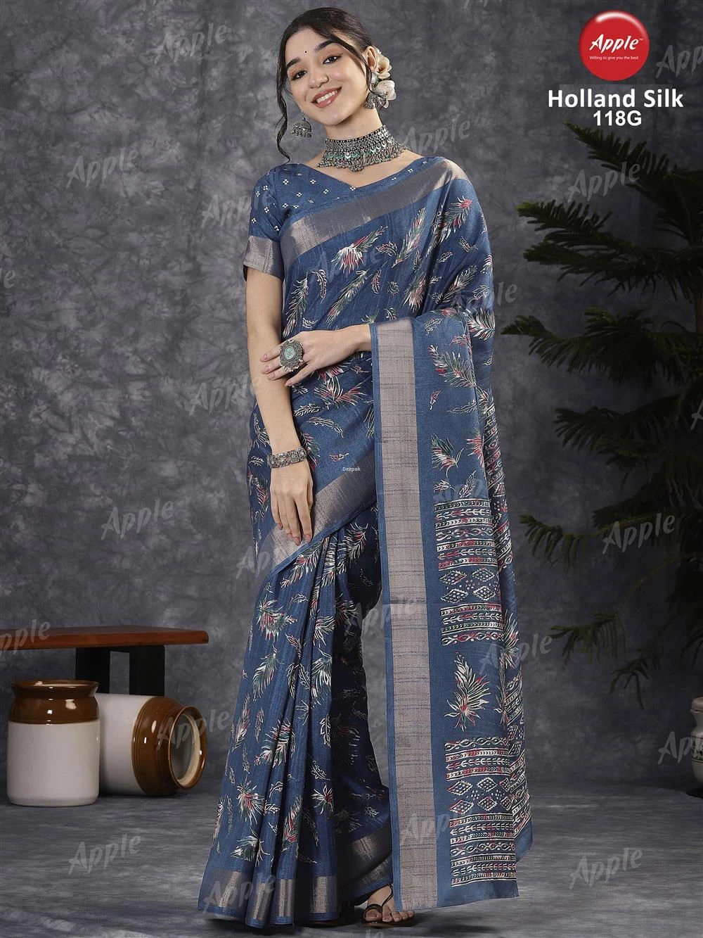 Apple Holland Silk 118 Silk Blend Charcoal Grey Printed Designer Saree Collection - Image 8