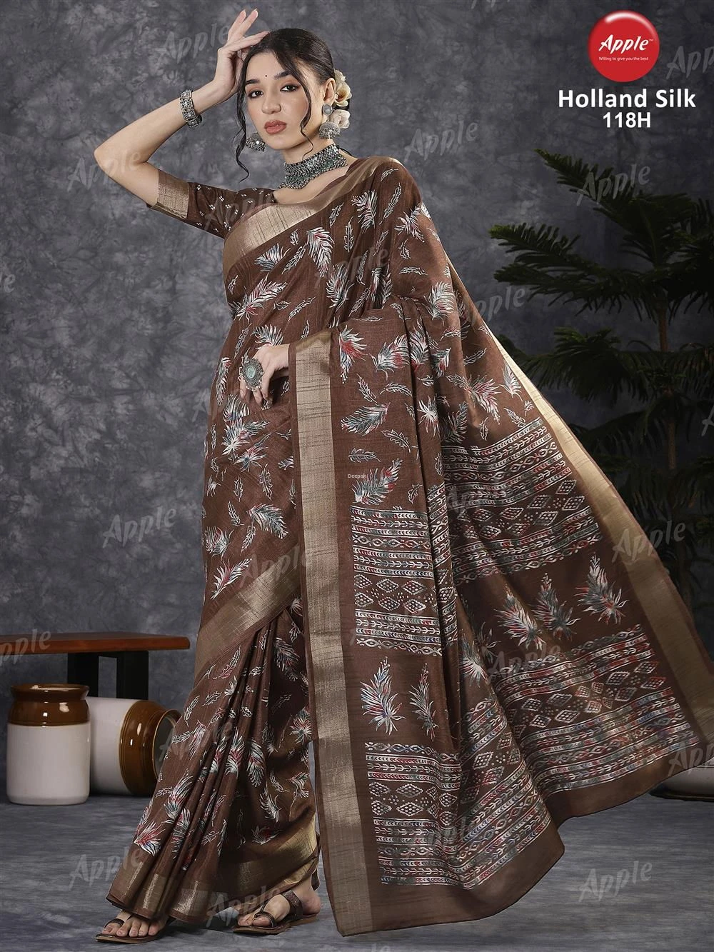 Apple Holland Silk 118 Silk Blend Charcoal Grey Printed Designer Saree Collection - Image 9