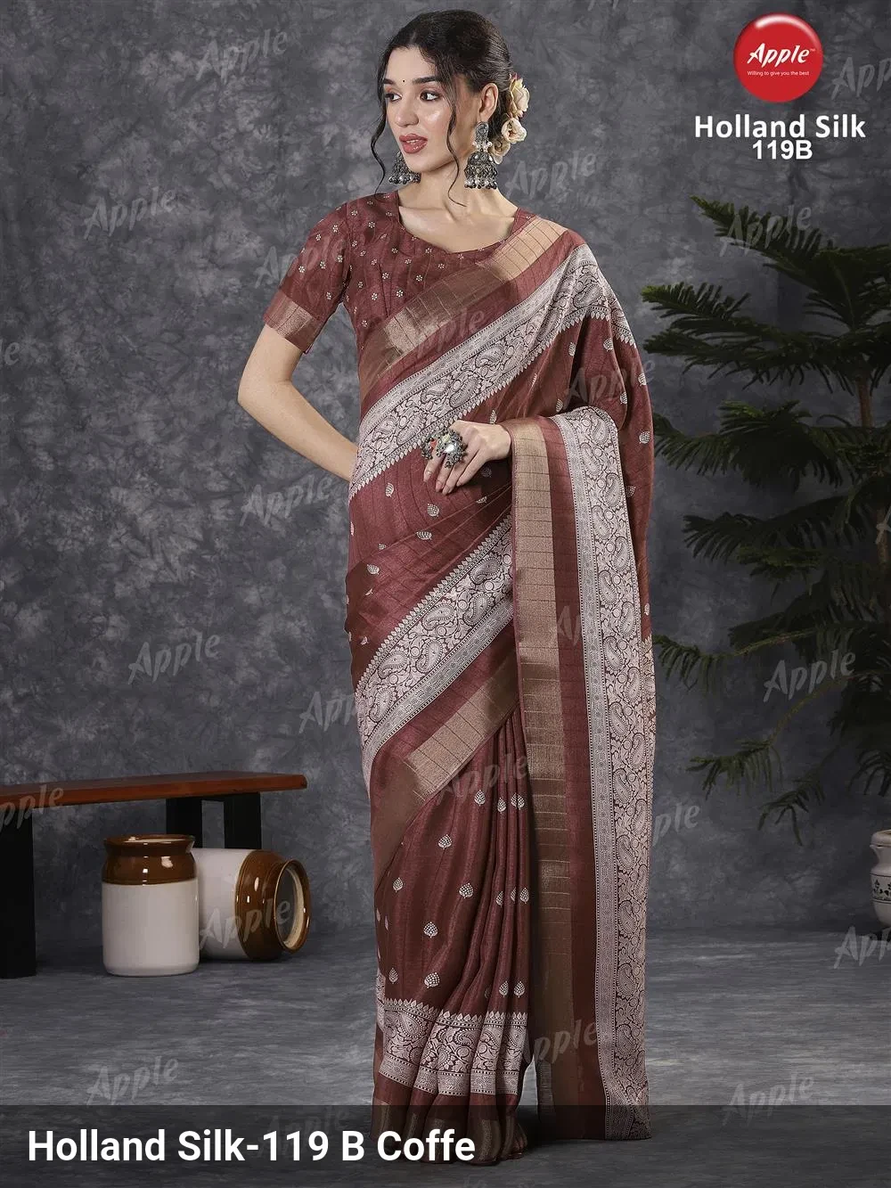Apple Holland Silk 119 Silk Blend Rust Printed Designer Saree Collection - Image 3