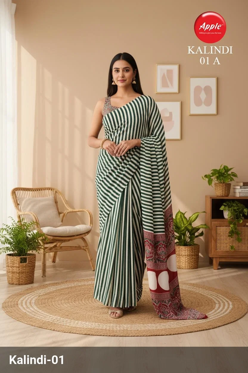 Apple Kalindi Crepe Green Printed Party Wear Saree Collection