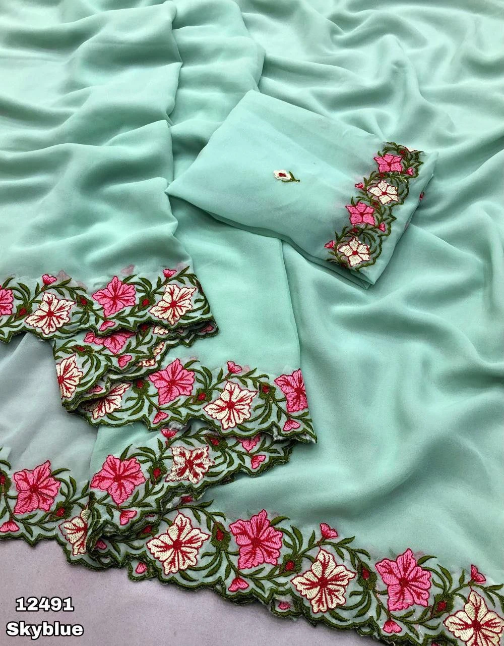 Arham Georgette Floral Multi Thread Worked Fancy Saree Collection - Image 5