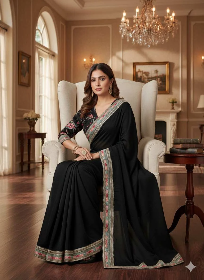 Kc 2093 Space Silk Multi Thread Sequence Embroidery Designer Saree Collection - Image 5