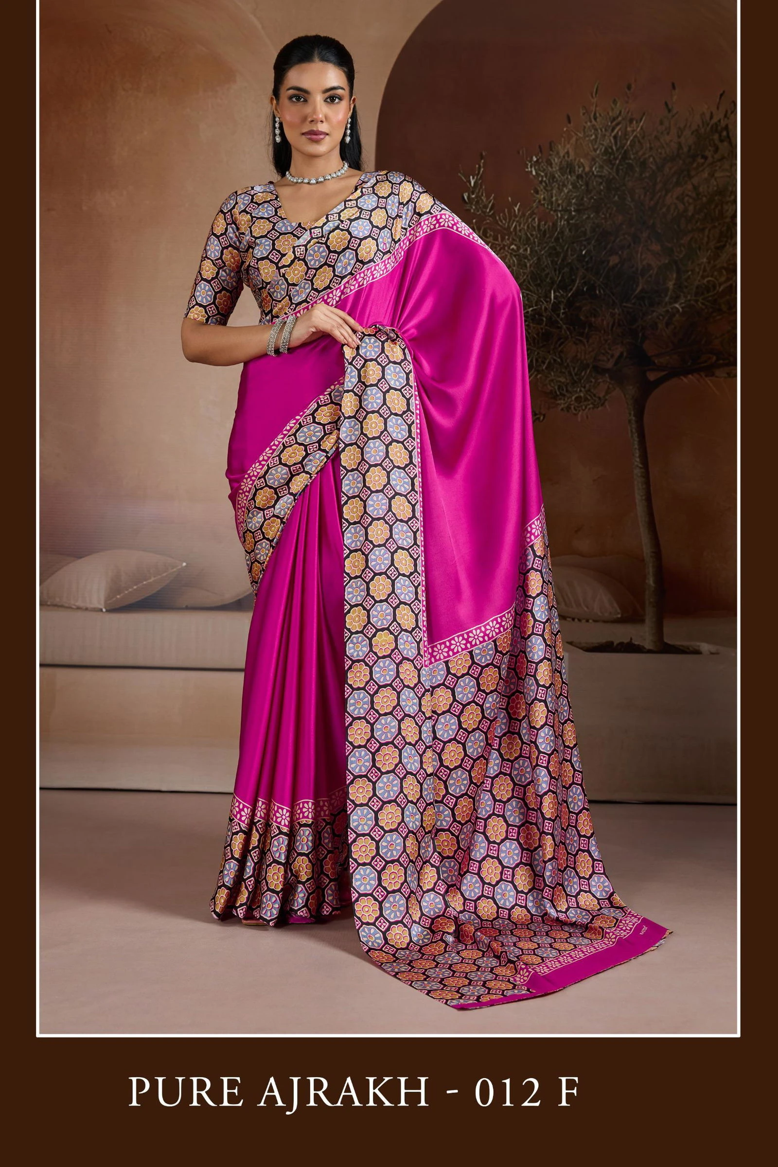 Pure Ajrakh 012 a to F Modal Satin with Ajrakh Printed Saree Collection - Image 3
