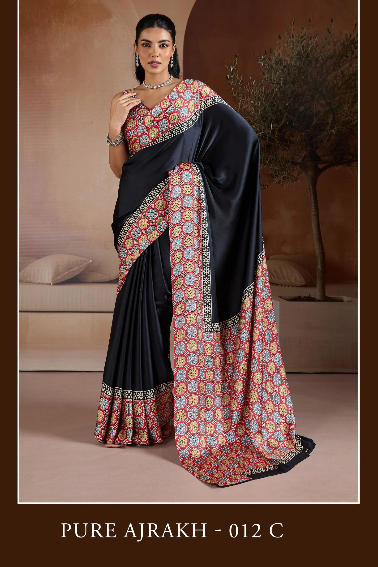 Pure Ajrakh 012 a to F Modal Satin with Ajrakh Printed Saree Collection - Image 4