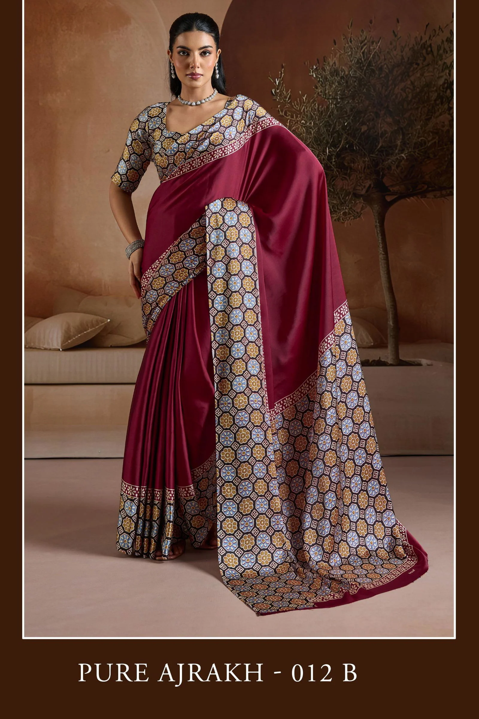 Pure Ajrakh 012 a to F Modal Satin with Ajrakh Printed Saree Collection - Image 6