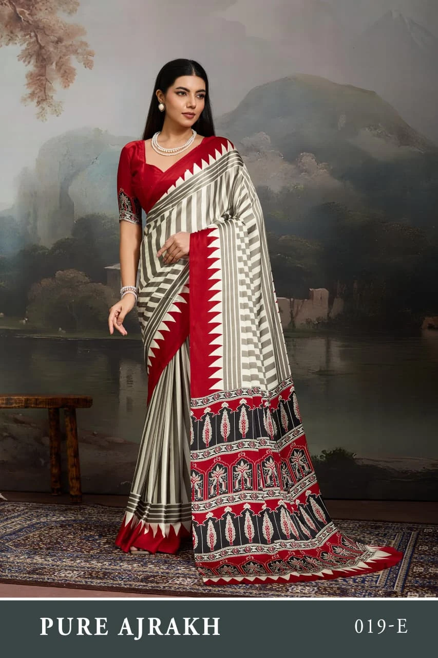 Pure Ajrakh 019 a to F Modal Satin Ajrakh Printed Saree Collection - Image 2