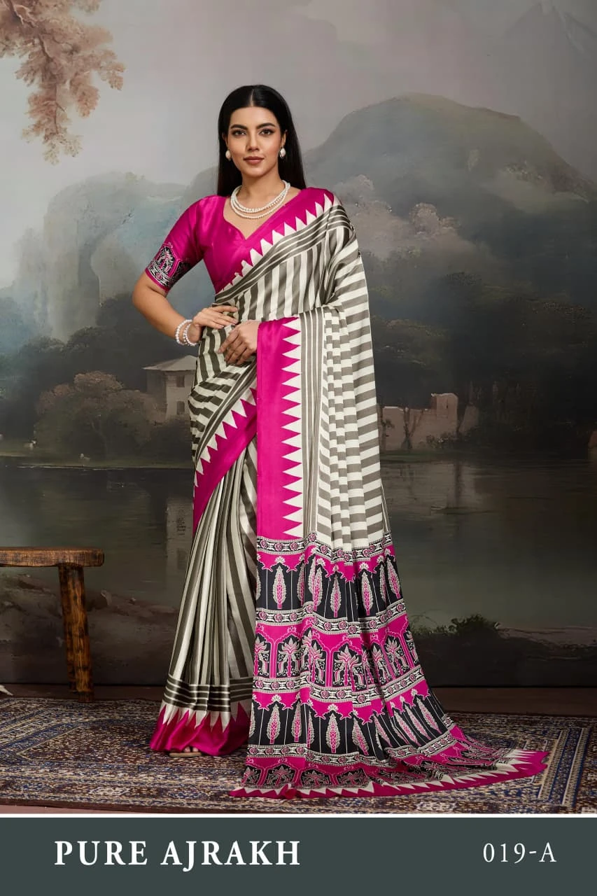 Pure Ajrakh 019 a to F Modal Satin Ajrakh Printed Saree Collection - Image 3