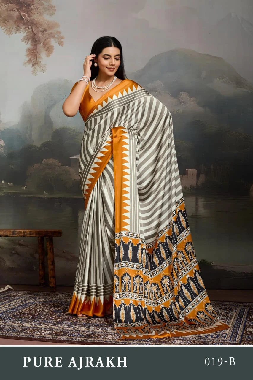 Pure Ajrakh 019 a to F Modal Satin Ajrakh Printed Saree Collection - Image 5