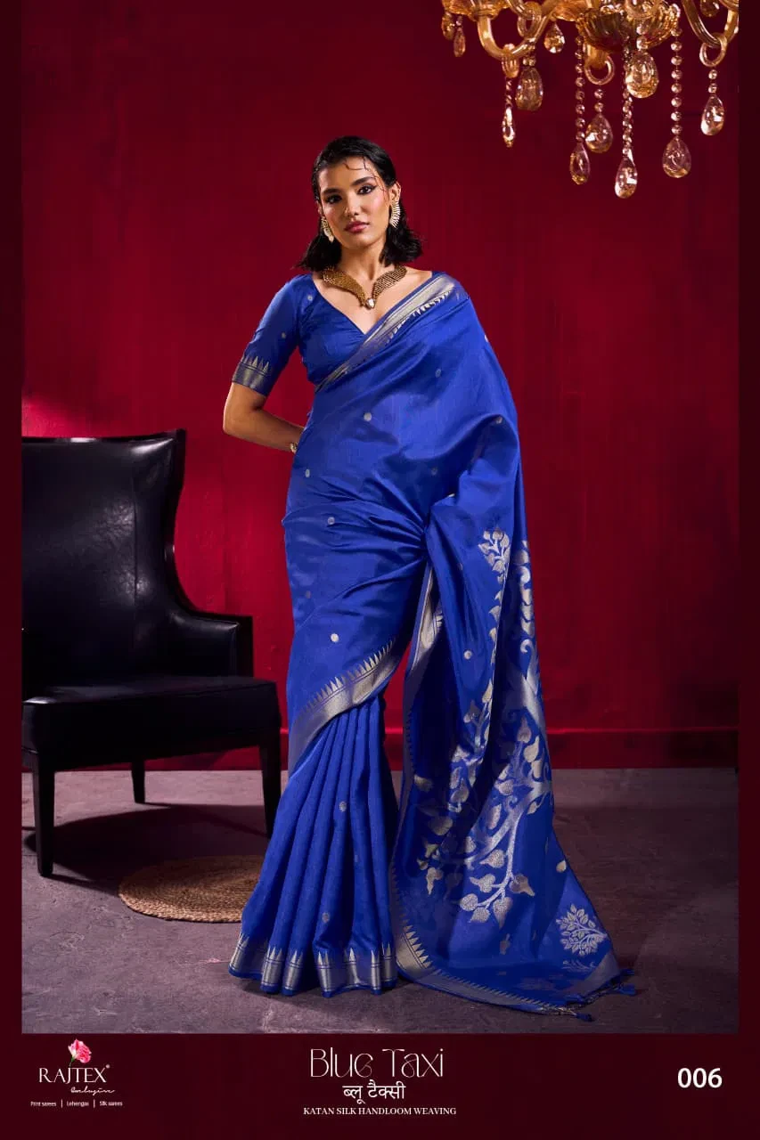 Rajtex Blue Taxi Satin Linen Handloom Weaving Silk Saree Collection