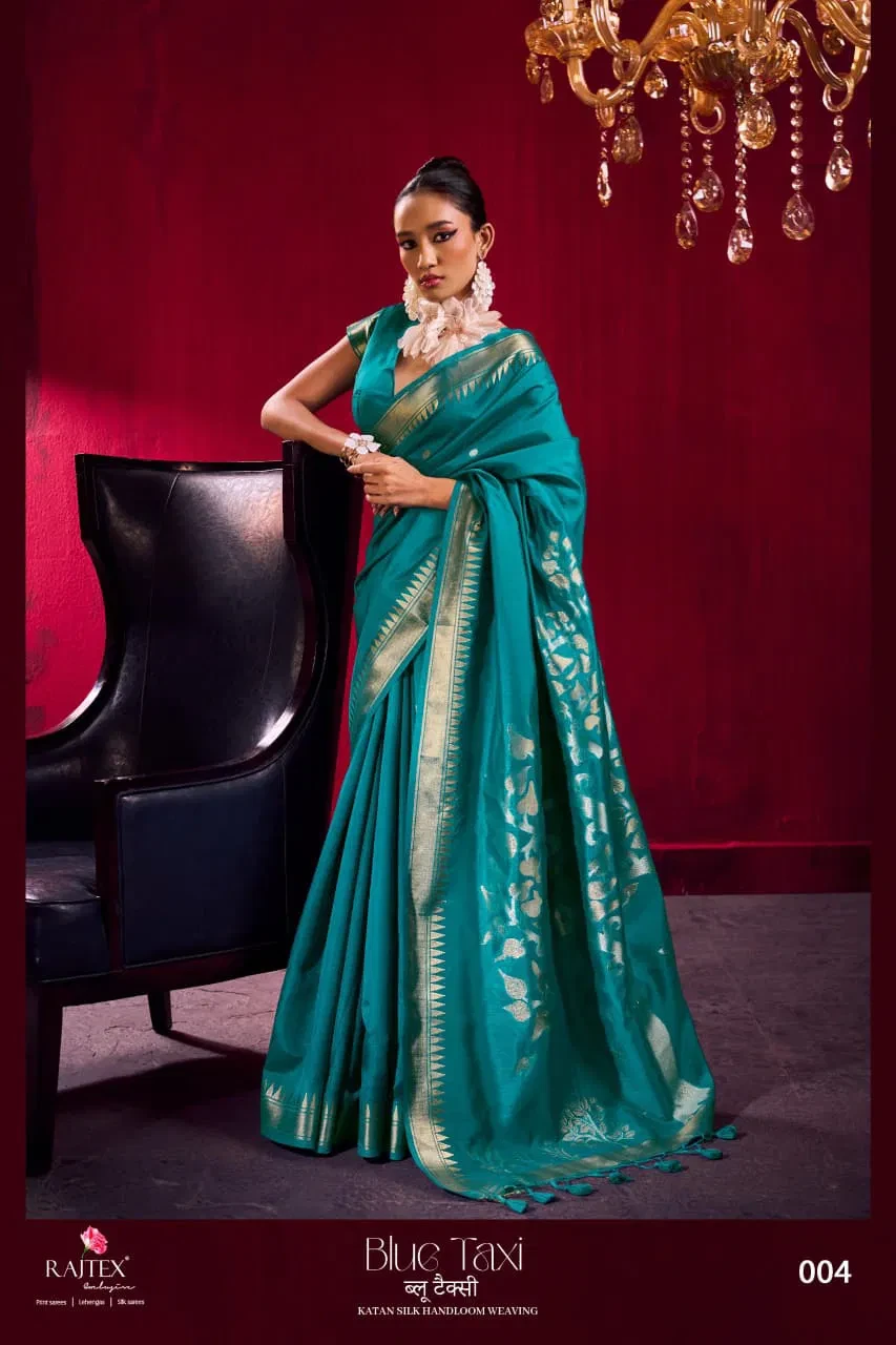 Rajtex Blue Taxi Satin Linen Handloom Weaving Silk Saree Collection - Image 5