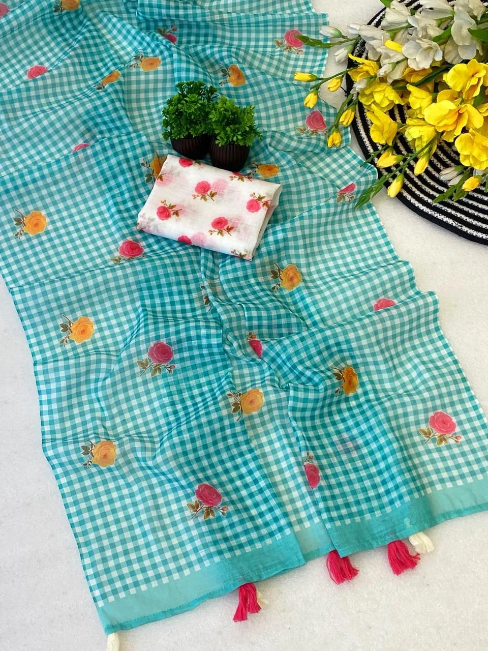 Rajyog Indira Soft Linen Flower Printed Fancy Saree Collection - Image 8