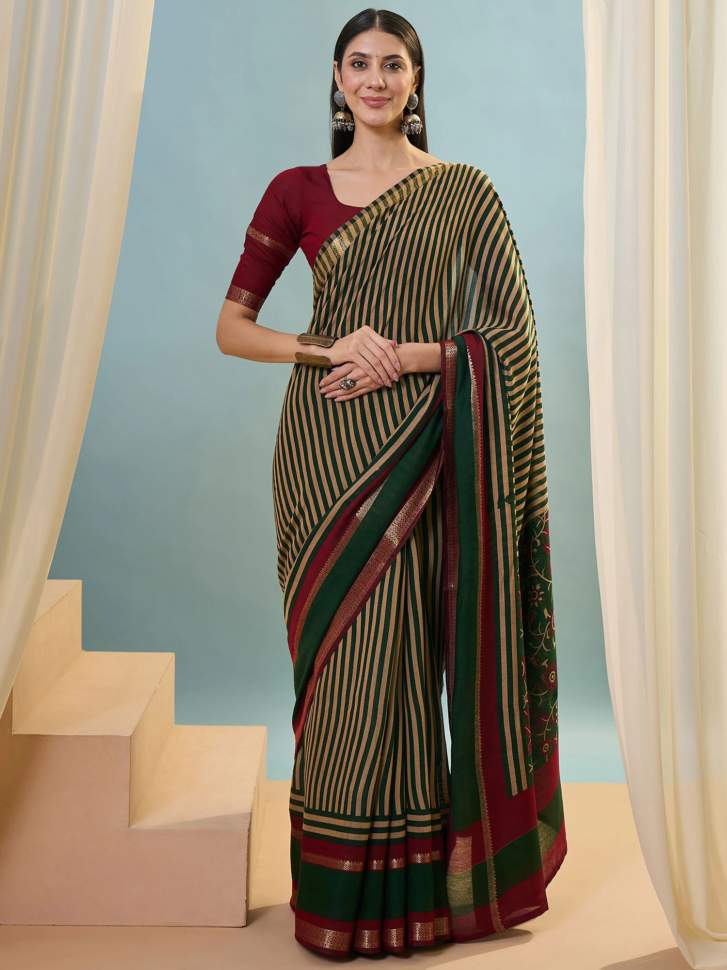 Tara 5001 to 5005 Pv Cotton Stripe Printed Saree Collection - Image 13