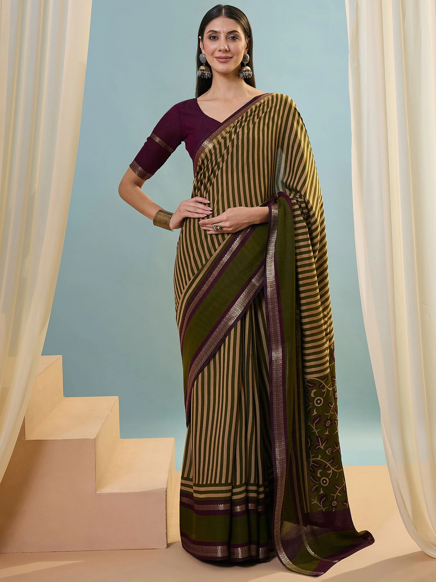 Tara 5001 to 5005 Pv Cotton Stripe Printed Saree Collection - Image 15