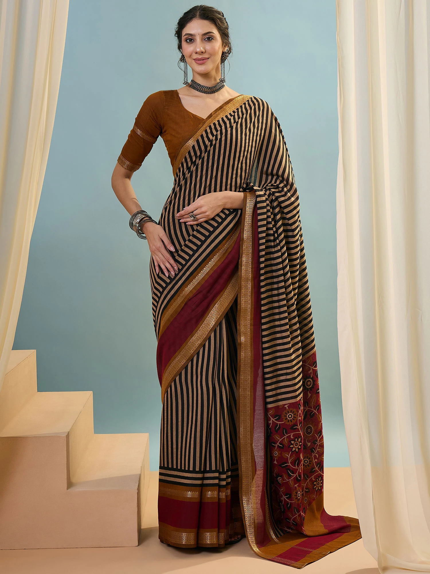 Tara 5001 to 5005 Pv Cotton Stripe Printed Saree Collection - Image 2