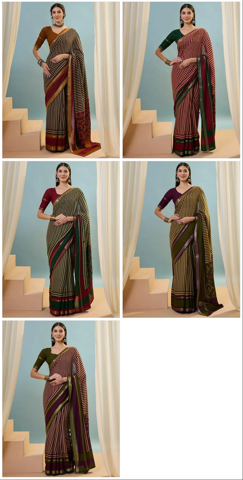 Tara 5001 to 5005 Pv Cotton Stripe Printed Saree Collection - Image 7