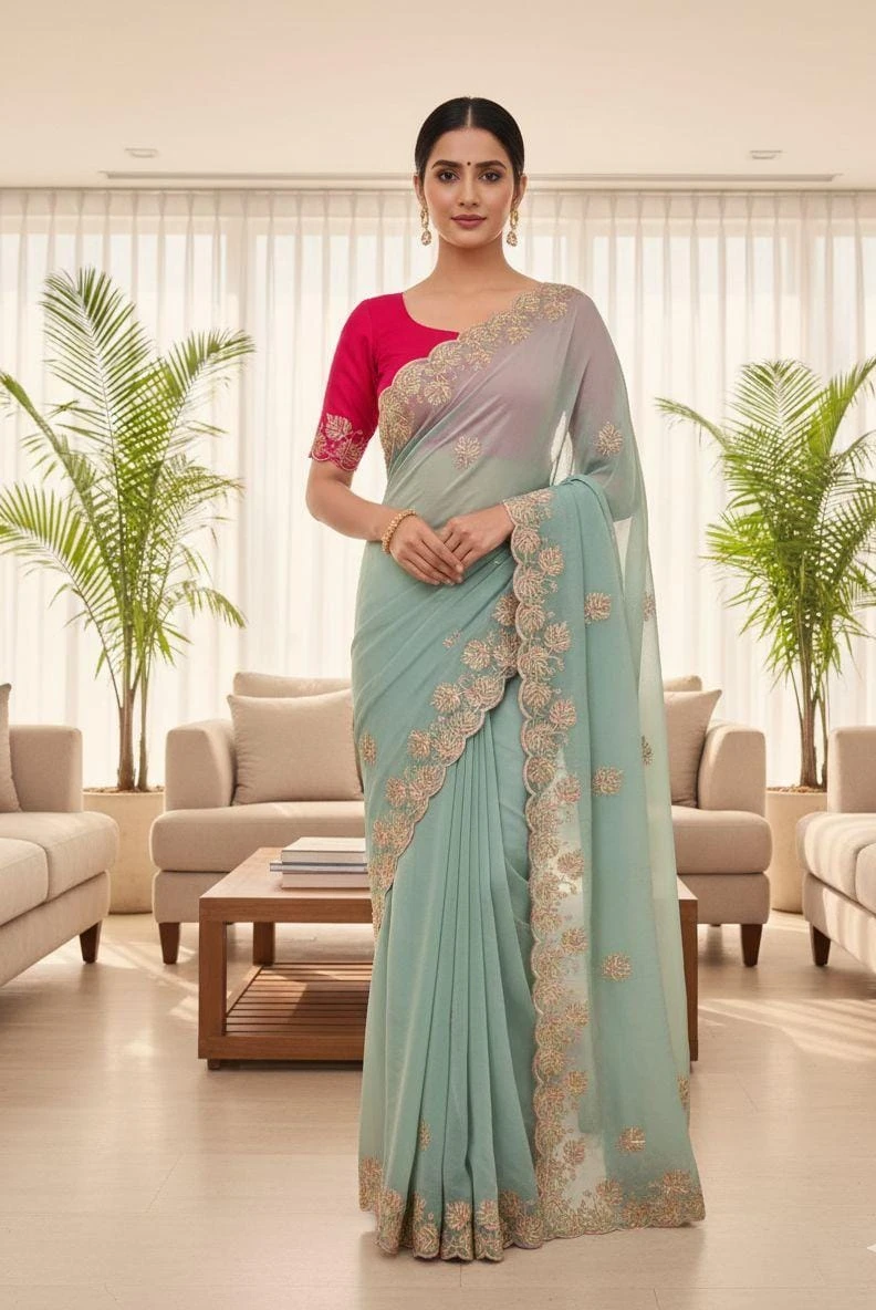 Vt 829 T Moss Chiffon Multi Thread Worked Fancy Saree Collection