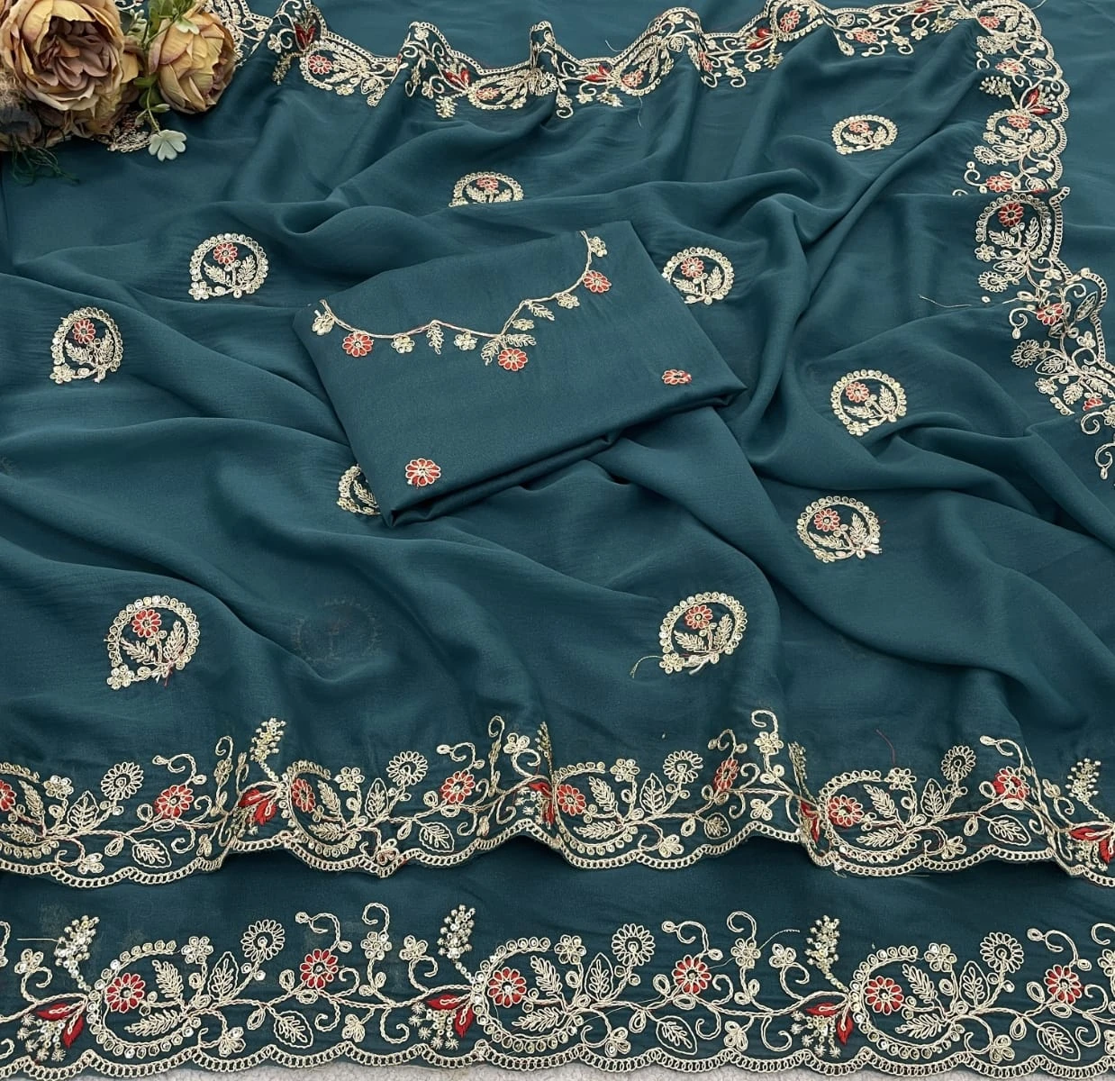 Vt 832 T Georgette Silk with Thread Coding Embroidery Worked Saree Collection - Image 8