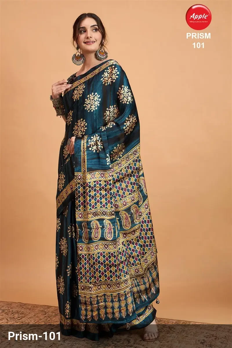Apple Prism Vol 1 Pure Crepe Teal Blue Printed Fancy Saree Collection