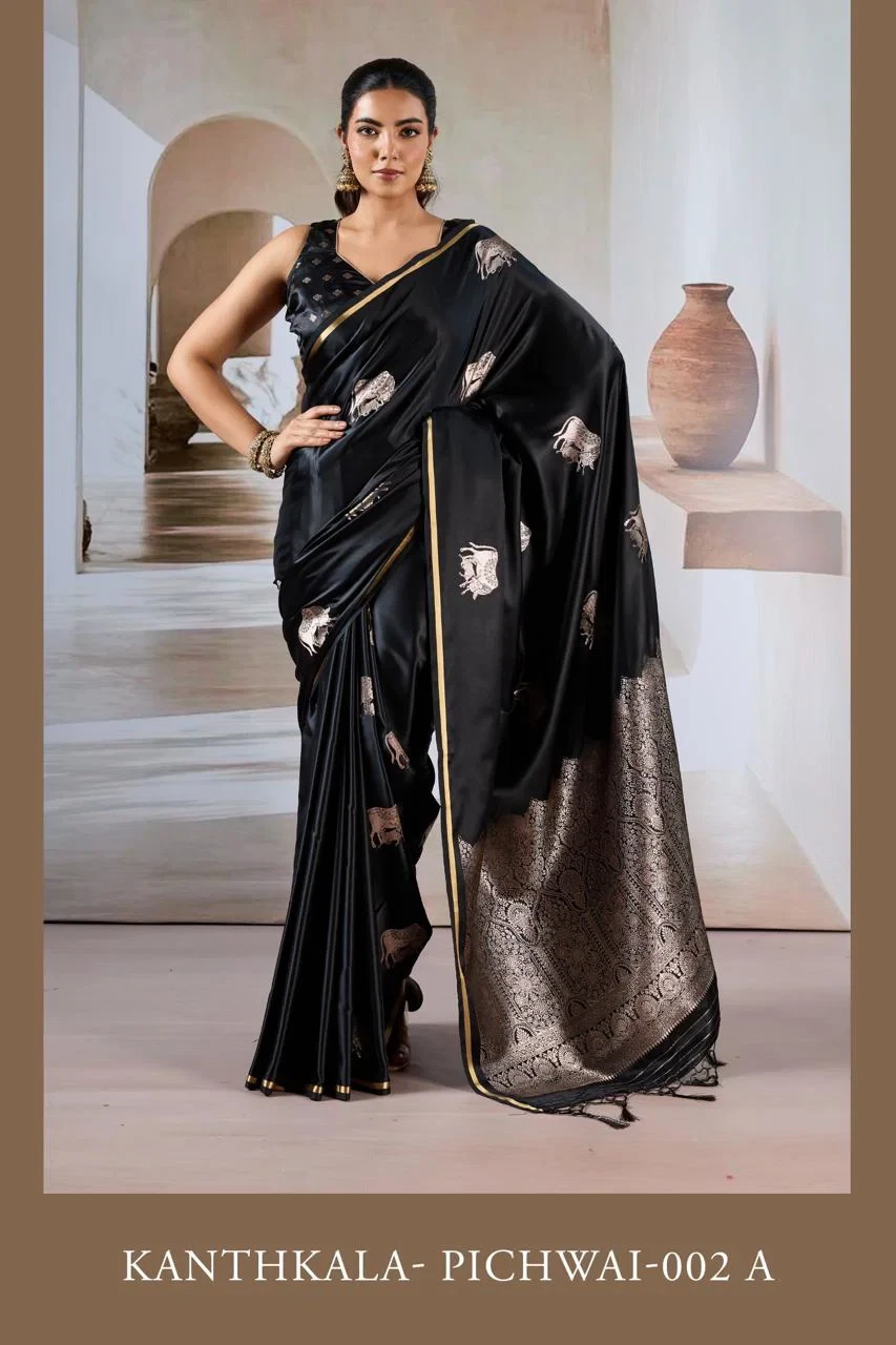 Kanthkala Pichwai 002 a to F Pure Satin Handloom Weaving Saree Collection - Image 2