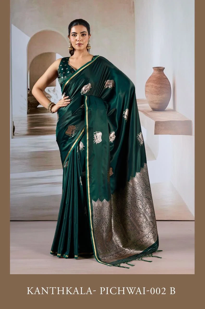 Kanthkala Pichwai 002 a to F Pure Satin Handloom Weaving Saree Collection - Image 3