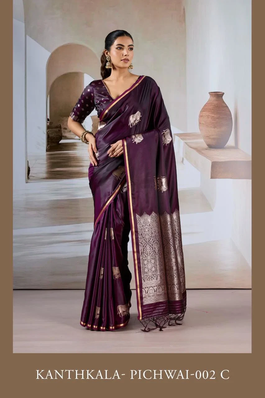Kanthkala Pichwai 002 a to F Pure Satin Handloom Weaving Saree Collection - Image 4