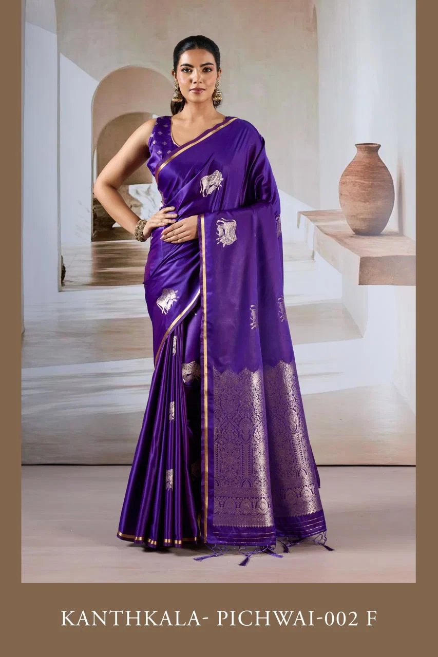 Kanthkala Pichwai 002 a to F Pure Satin Handloom Weaving Saree Collection - Image 7