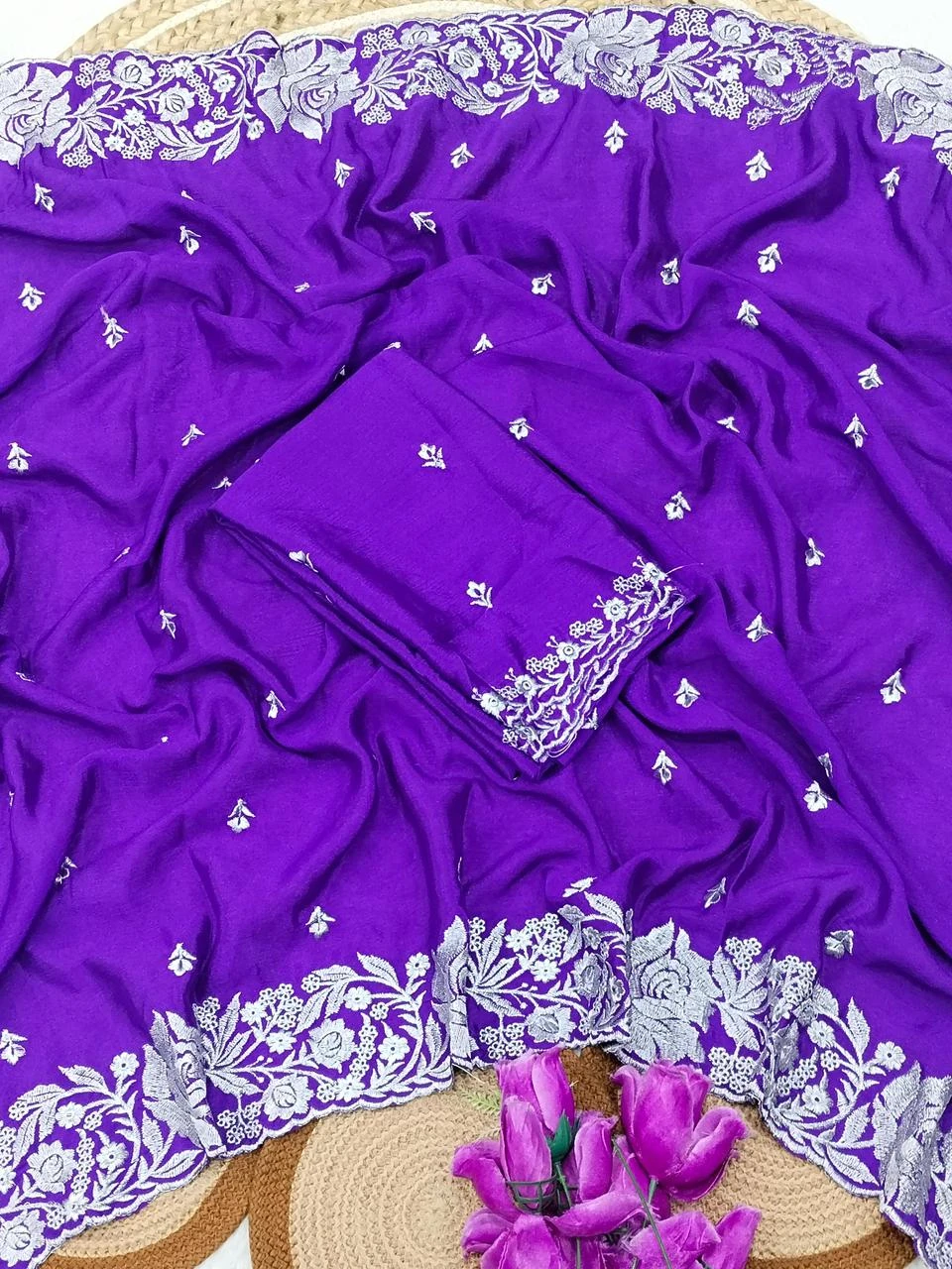 Nazakat Ah Chinon Floral Embroidered Saree Collection