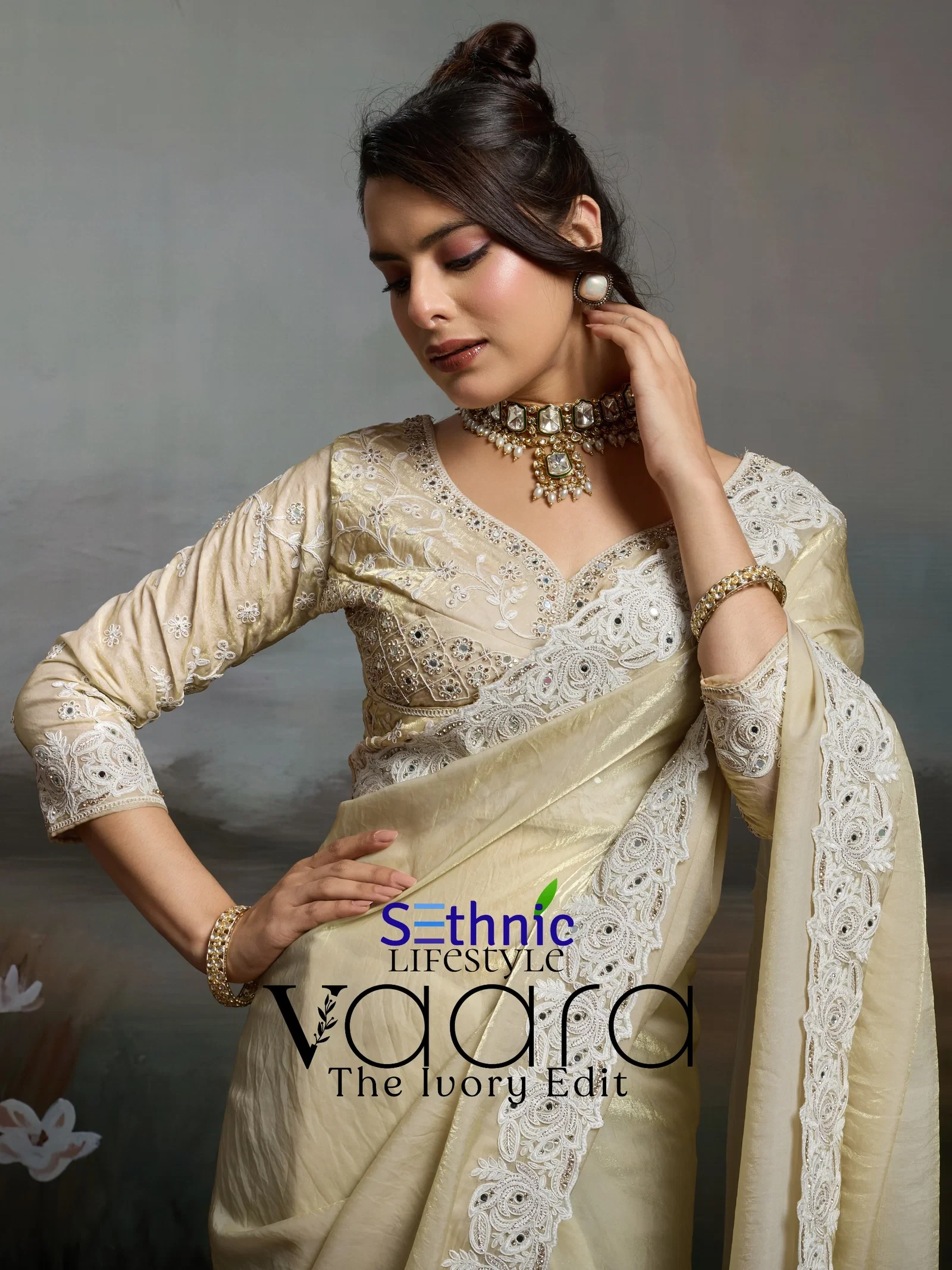 Sethnic Vaara the Ivory Edit Satin Velvet with Handworked Saree