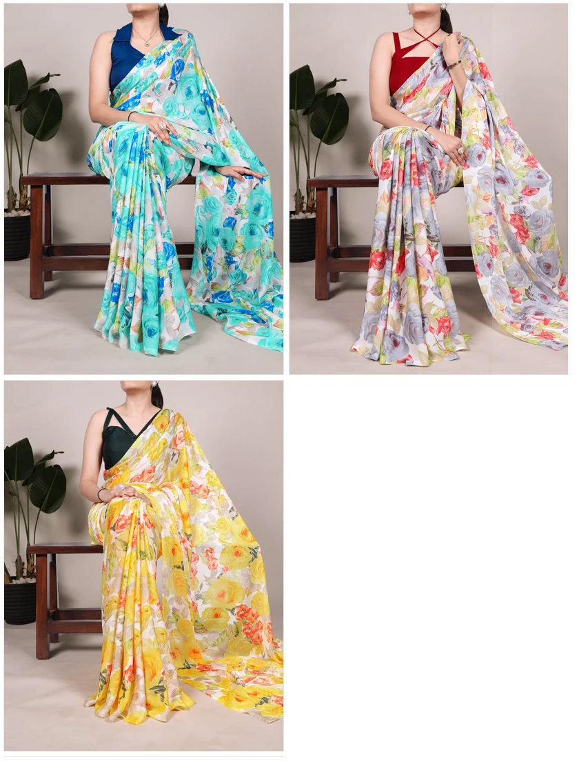 Taraa L 7017 Dull Satin Floral Printed Casual Wear Sarees - Image 3