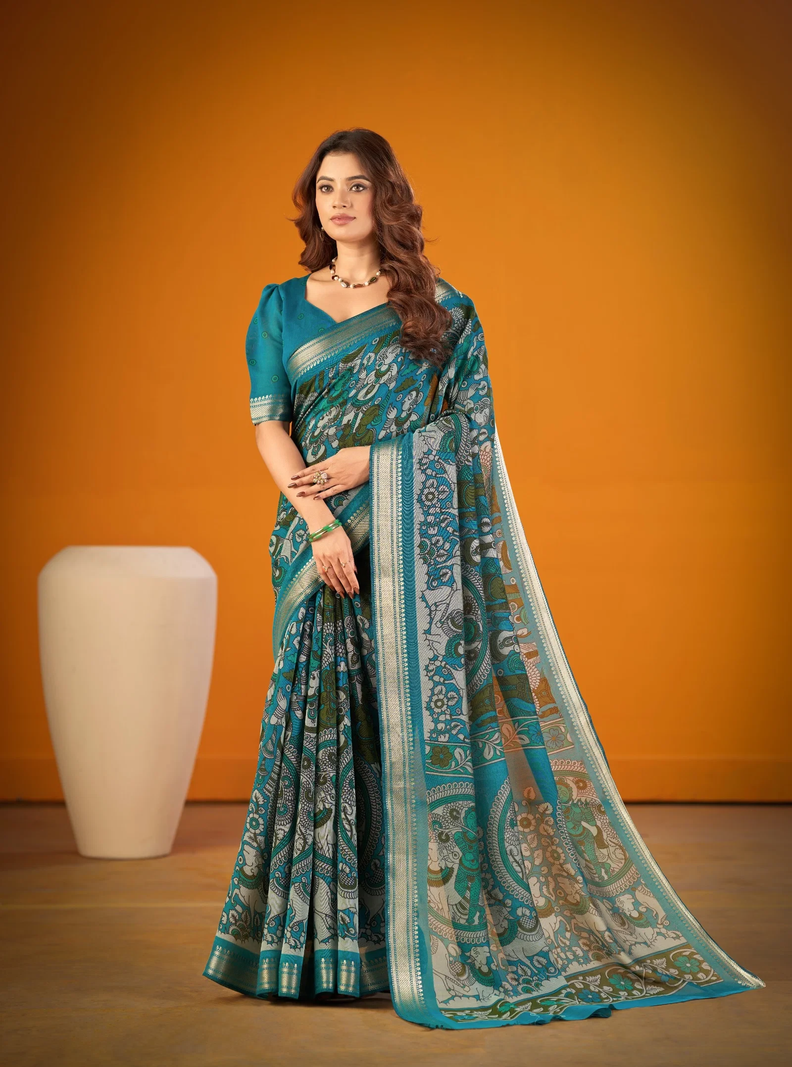 Taraa L 7300 Polyester Viscose Chanderi Kalamkari Printed Sarees