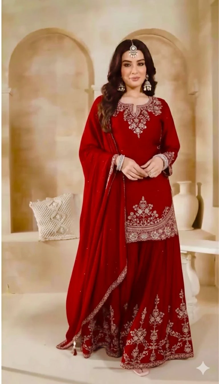 8 Colours Designer Heavy Chinon Silk Embroidery Moti Work Top Plazzo Suit With Dupatta