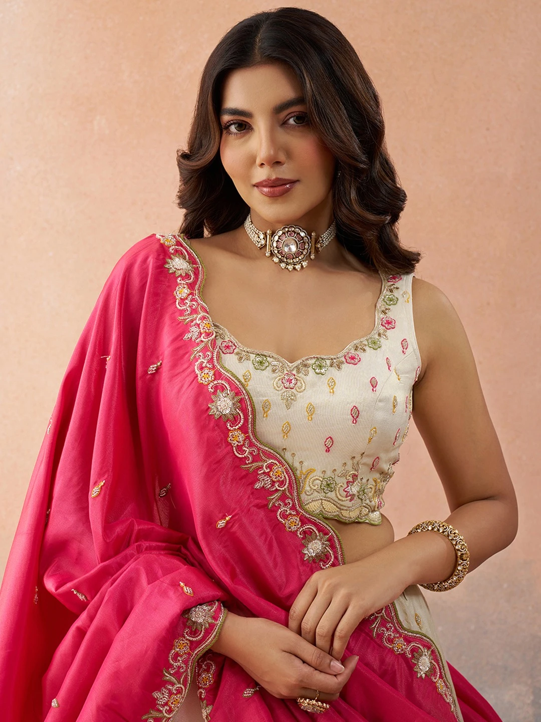 ADORN CRAFT 6313-Rama Pink Cream And Pink HD Lehenga Set