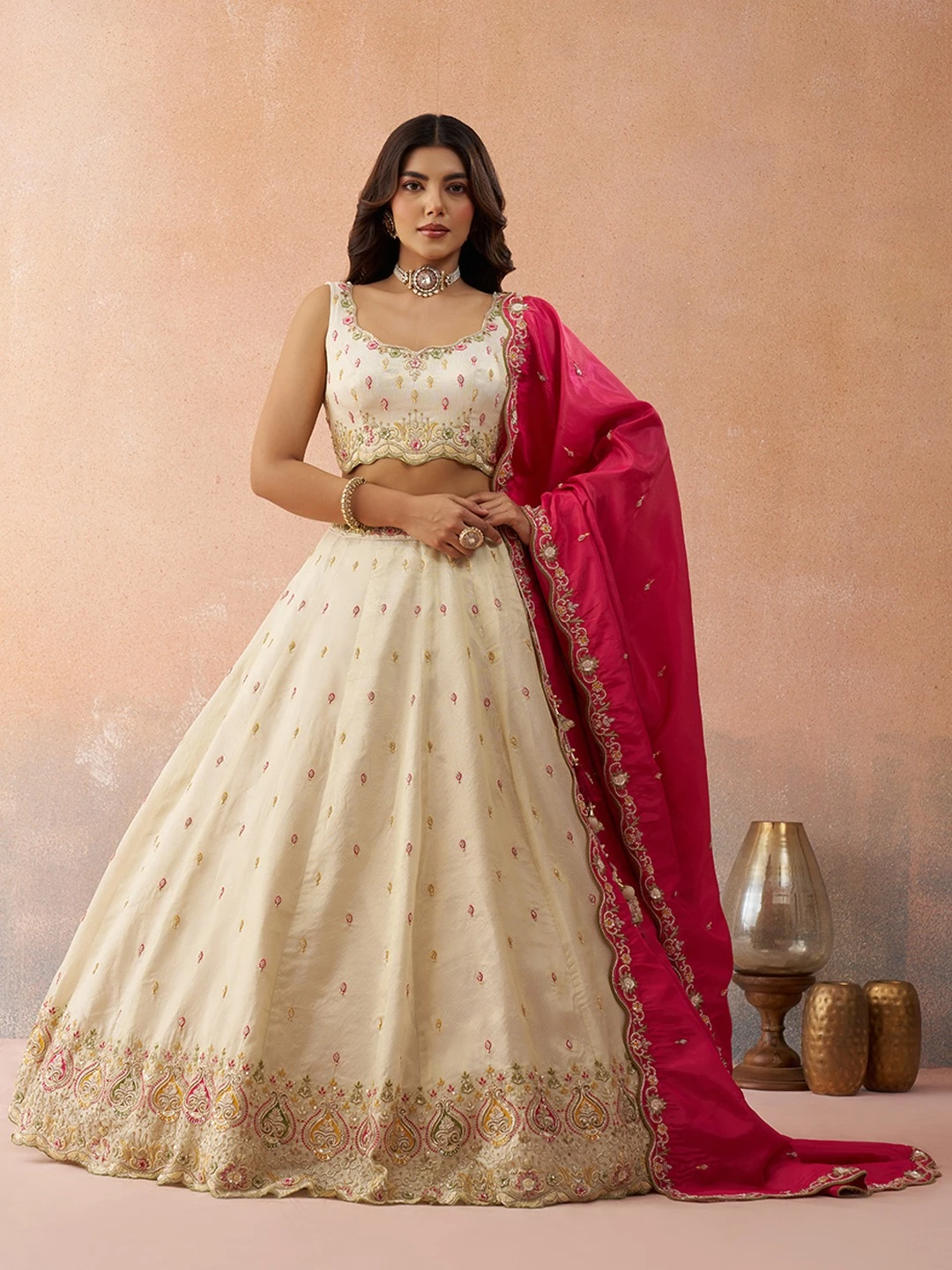 ADORN CRAFT 6313-Rama Pink Cream And Pink HD Lehenga Set
