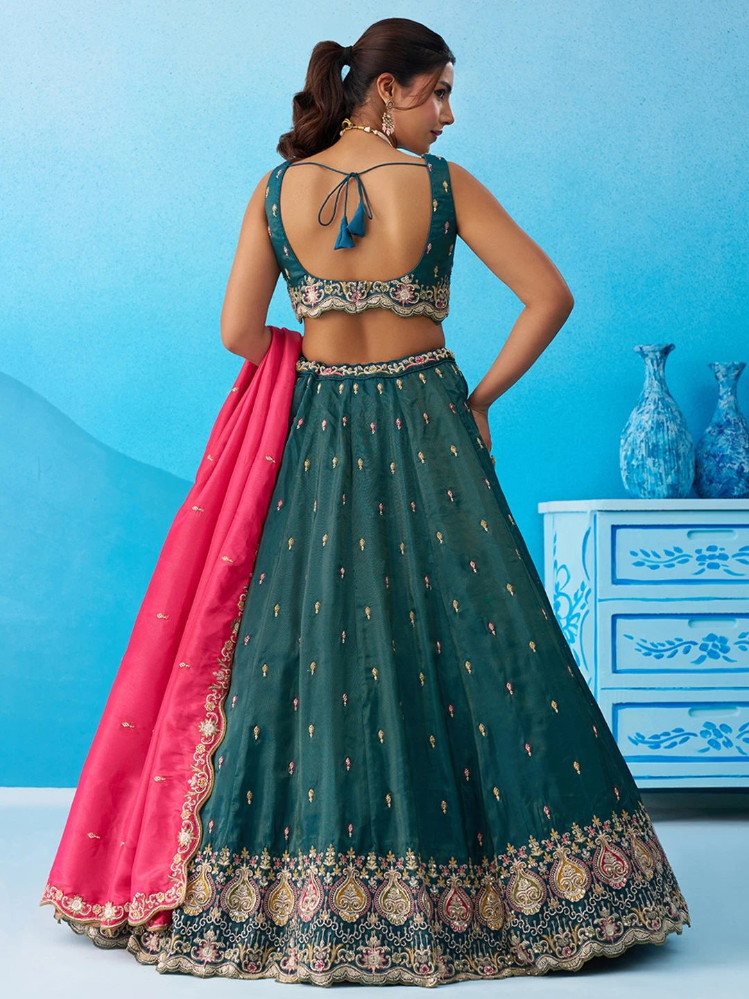 ADORN CRAFT 6313-Rama Pink Cream And Pink HD Lehenga Set